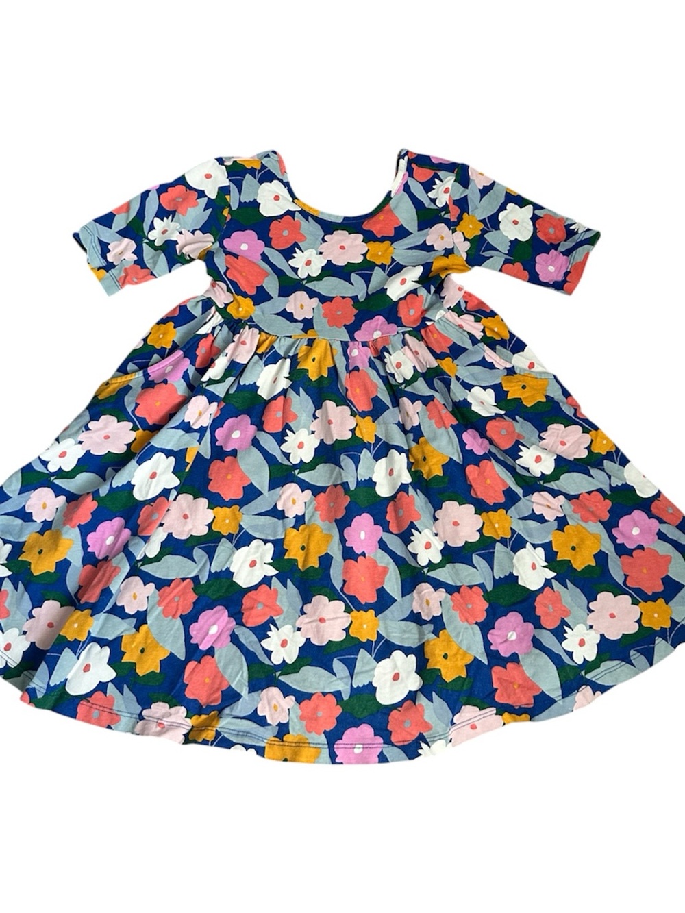Hanna Andersson Navy Floral Twirl Dress with Pink, White & Yellow Blooms